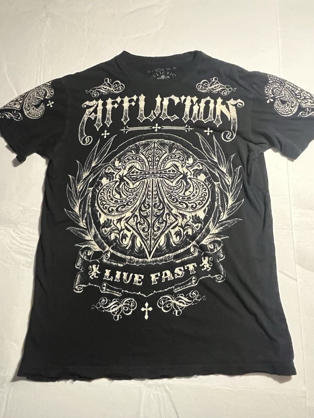 Affliction Live Fast T Shirt Mens Large Black Fleur De Lis Gothic Biker Y2K